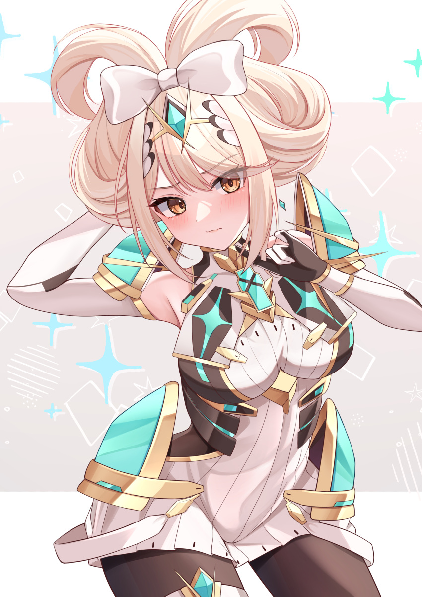 1girl, absurdres, alternate_hairstyle, blonde_hair, blush, bow, breasts, chest_jewel