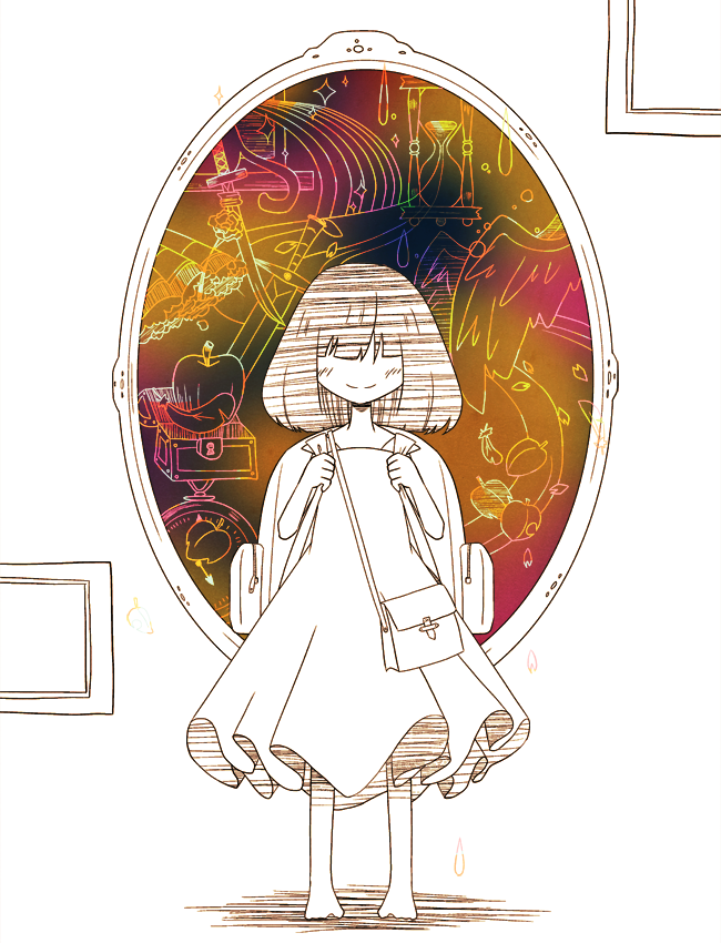 1girl, apple, backpack, bag, barefoot, bemani, chaki_(chakan), character_request