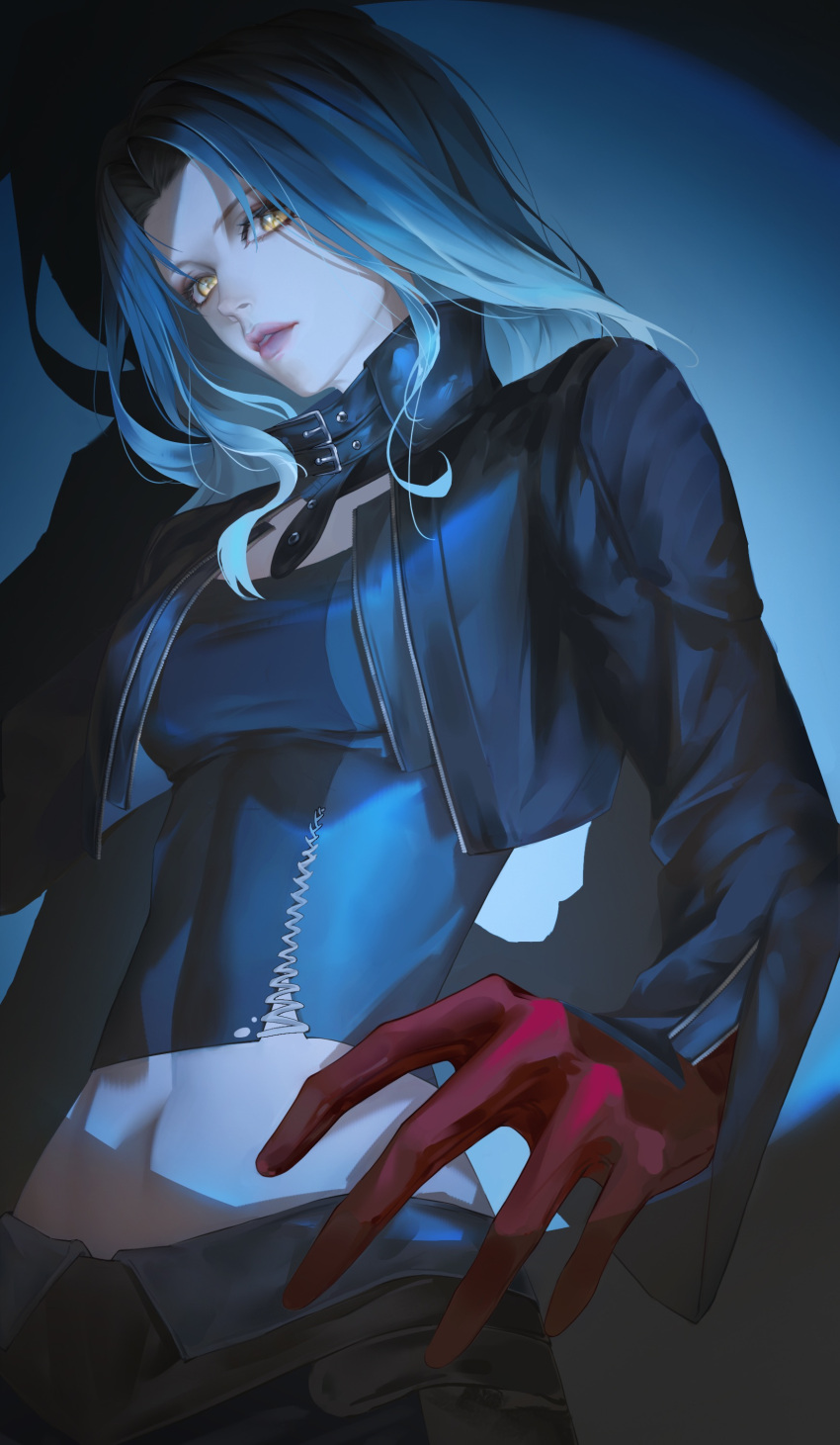 1girl, absurdres, angell_(path_to_nowhere), belt_collar, black_hair, black_jacket, black_pants, black_shirt