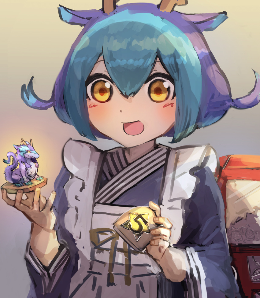 blue_hair, blue_kimono, capsule_monsters_(yu-gi-oh!), dragon_girl, dragon_horns, dragonmaid_nudyarl, duel_monster, gashapon, hatano_kiyoshi, highres, horns, japanese_clothes, kimono, laundry_dragonmaid, maid, smile, wa_maid, yellow_eyes, yu-gi-oh!