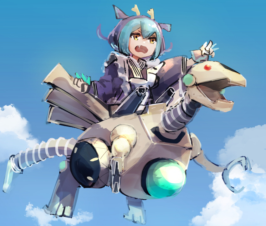 1girl, appliancer_laundry_dragon, blue_hair, blue_kimono, clouds, dragon_girl, dragon_horns, duel_monster