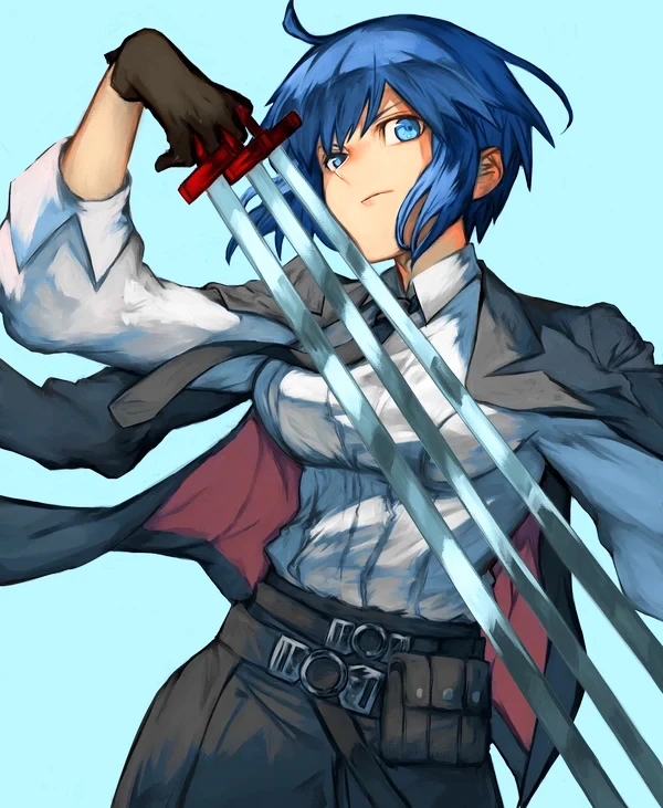 1girl, black_coat, black_gloves, black_necktie, black_pants, blue_eyes, blue_hair, breasts, c.i.e.l_(fate), closed_mouth, coat, collared_shirt, commentary, cropped_legs, fate/grand_order, fate_(series), gloves, large_breasts, long_sleeves, looking_at_viewer, necktie, pants, shirt, sidelocks, solo, standing, sword, tsukihime, upper_body, weapon, white_shirt, yuto_(fedj3757)