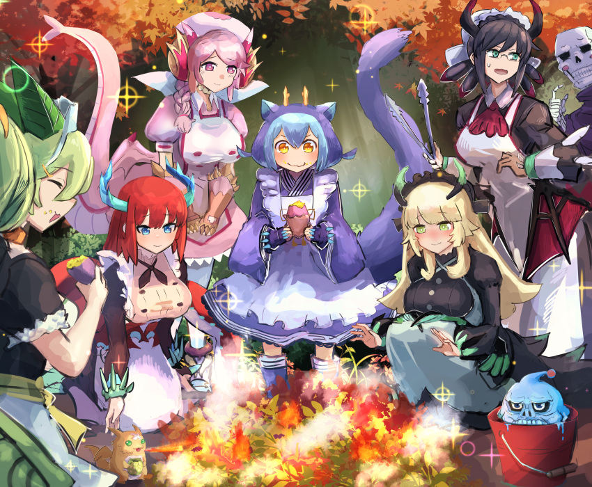 1boy, 6+girls, autumn, autumn_leaves, black_dress, black_hair, blonde_hair, blue_eyes, blue_hair, blue_kimono, bonfire, bucket, chamber_dragonmaid, character_request, dragon_girl, dragon_horns, dragon_tail, dress, duel_monster, eating, everyone, fire, food, green_eyes, green_hair, hatano_kiyoshi, highres, horns, house_dragonmaid, japanese_clothes, kimono, kitchen_dragonmaid, laundry_dragonmaid, maid, multiple_girls, nurse_dragonmaid, parlor_dragonmaid, pink_dress, pink_eyes, pink_hair, poki_draco, redhead, skeleton, skull_servant, sweet_potato, tail, wa_maid, yellow_eyes, yu-gi-oh!