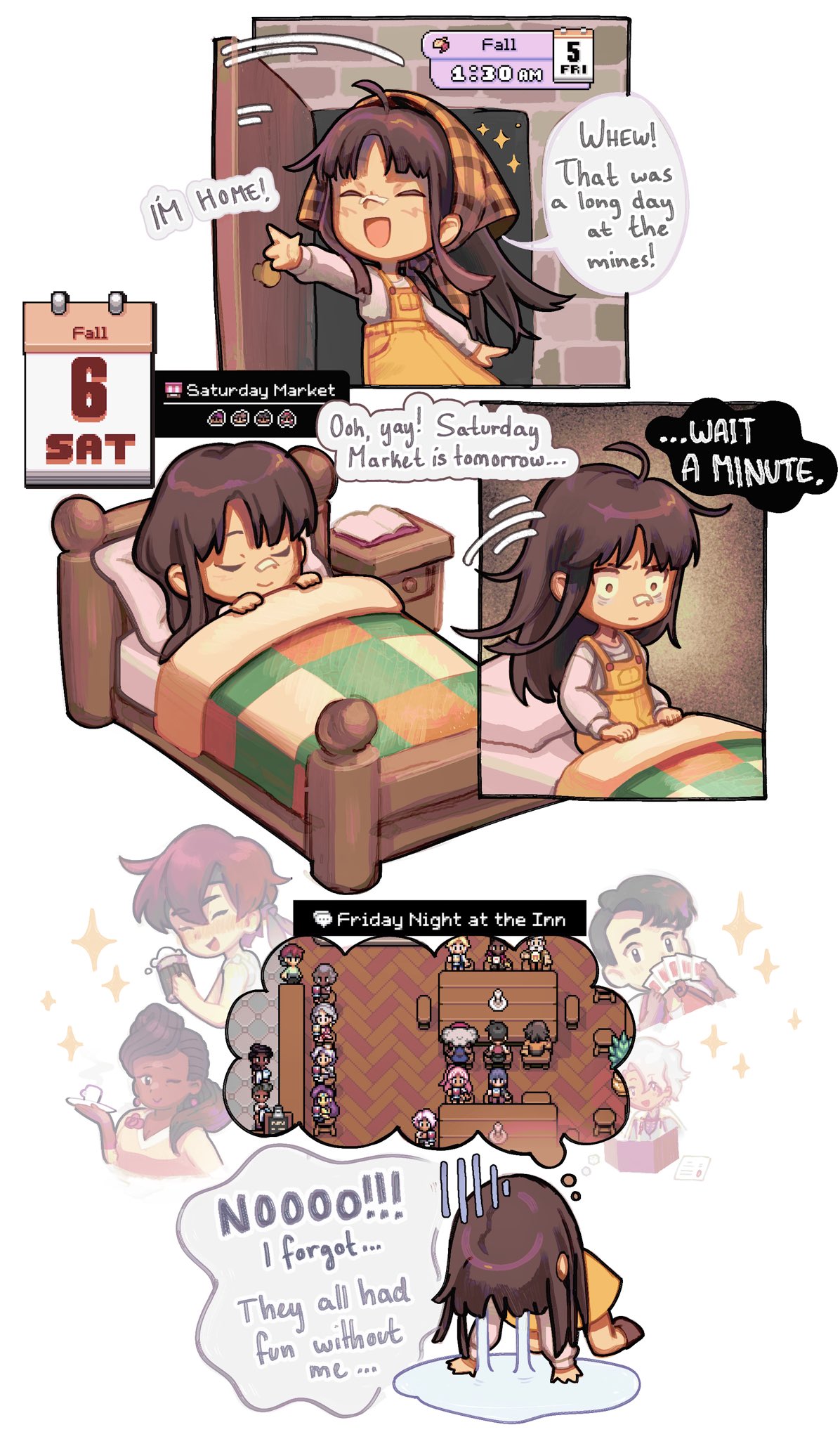2girls, 3boys, ahoge, apron, blanket, brown_hair, celesismore, commentary