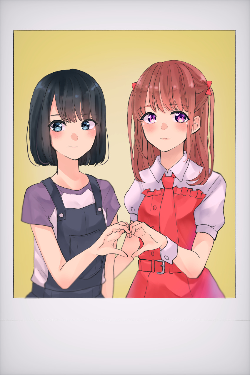 2girls, absurdres, belt, black_hair, blue_eyes, bow, brown_hair, dress