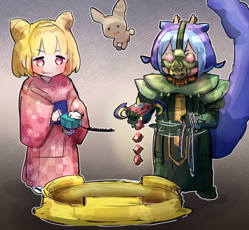 2girls, apron, beyblade, beyblade_(object), blue_kimono, cosplay, dragon_girl, dragon_horns, dragon_tail, duel_monster, full_body, green_robe, hatano_kiyoshi, highres, horns, japanese_clothes, jinzo_(yu-gi-oh!), jinzo_(yu-gi-oh!)_(cosplay), kimono, laundry_dragonmaid, maid, maid_apron, mask, multiple_girls, robe, speedroid_terrortop, standing, tail, wa_maid, witchcrafter_potterie, yu-gi-oh!, yukata
