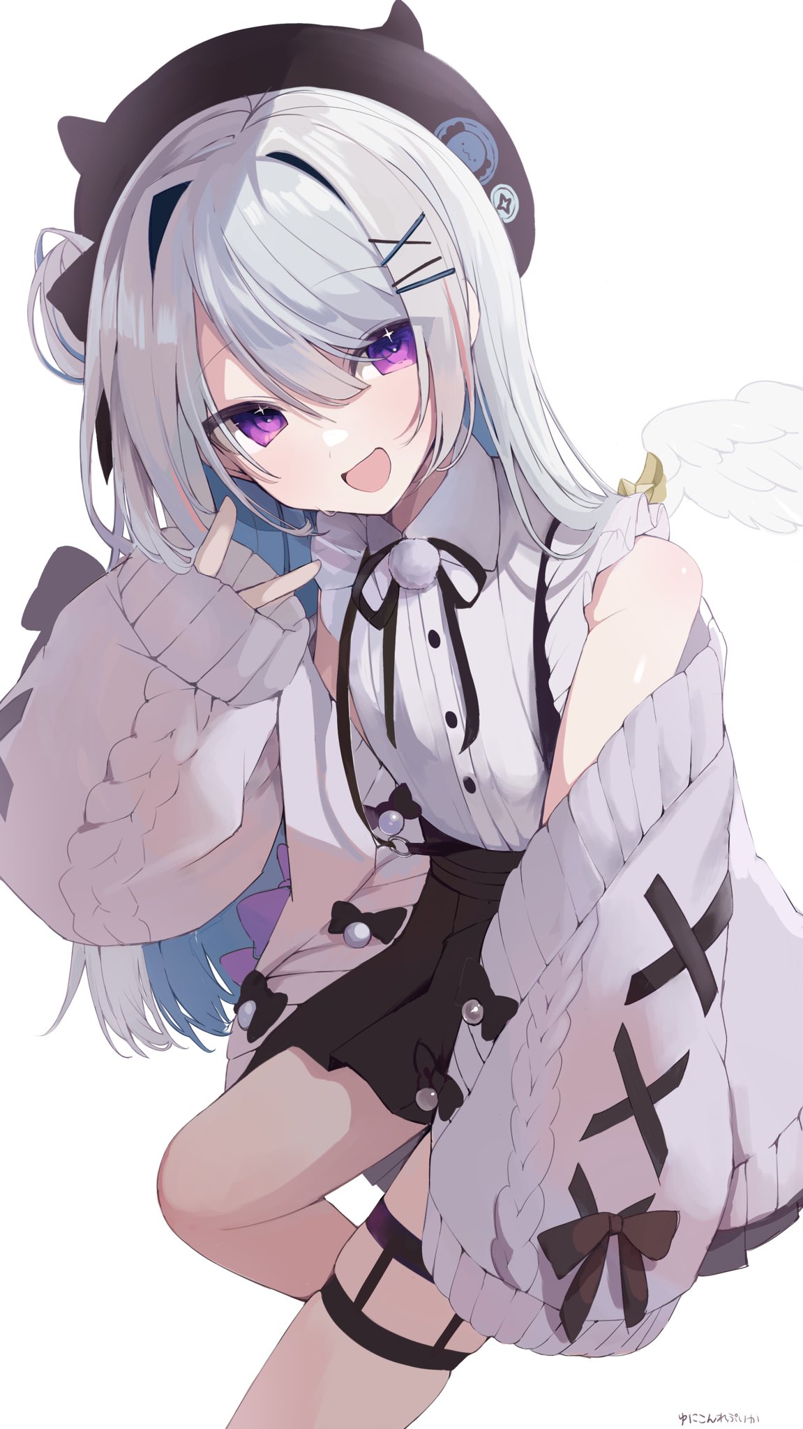 1girl, :d, amane_kanata, beret, black_hat, black_ribbon, black_skirt, blue_hair