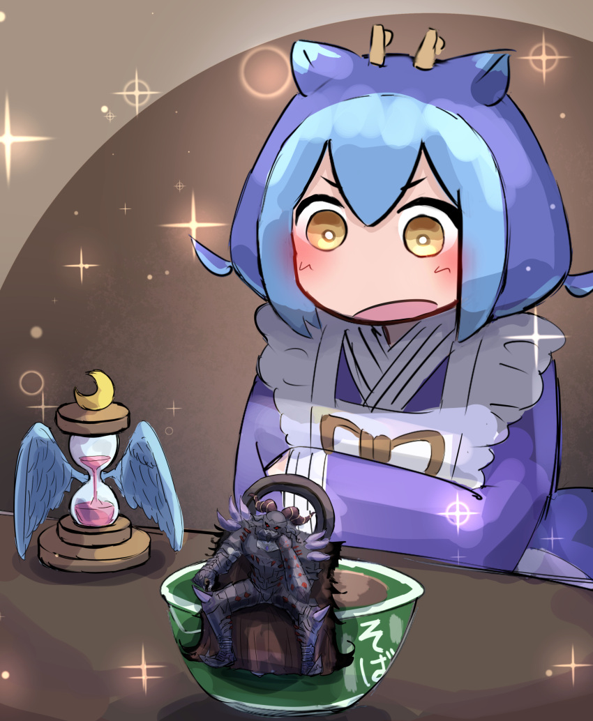 1girl, absurdres, apron, blue_kimono, dragon_girl, dragon_horns, duel_monster, erebus_the_underworld_monarch