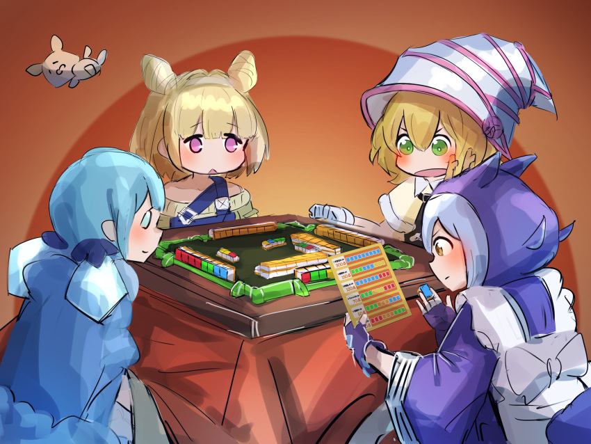 4girls, apron, blue_eyes, blue_kimono, dragon_girl, dragon_horns, duel_monster, gagaga_sister