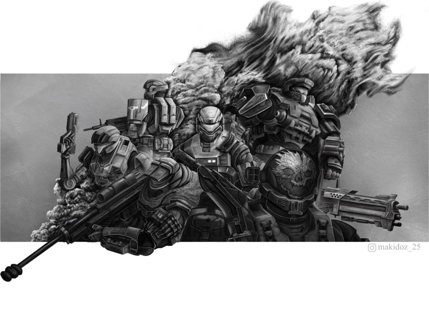 1girl, 5boys, armor, assault_rifle, assault_visor, bullpup, carter-a259, catherine-b320