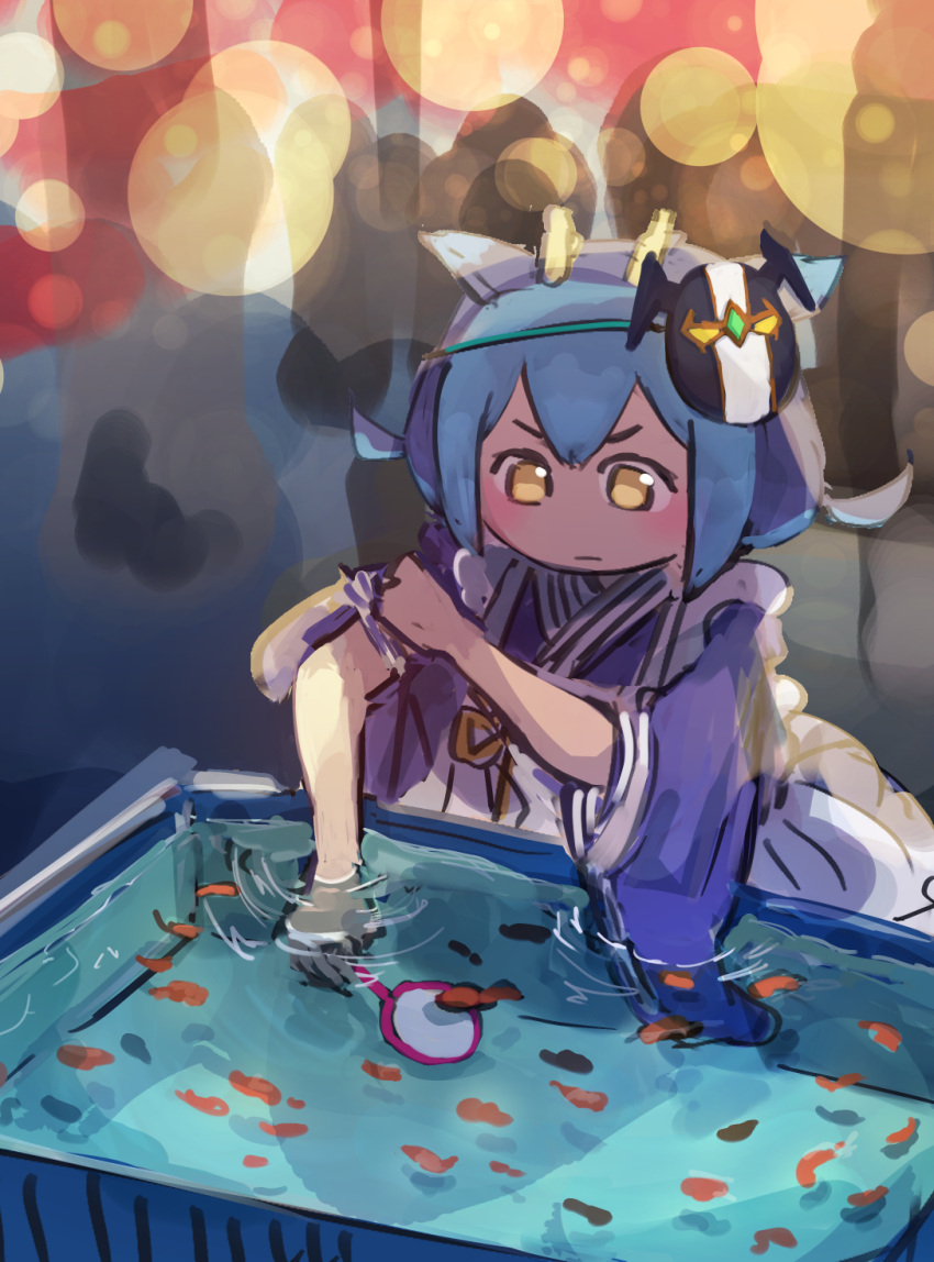 1girl, apron, blue_kimono, buster_blader, crowd, dragon_girl, dragon_horns, duel_monster