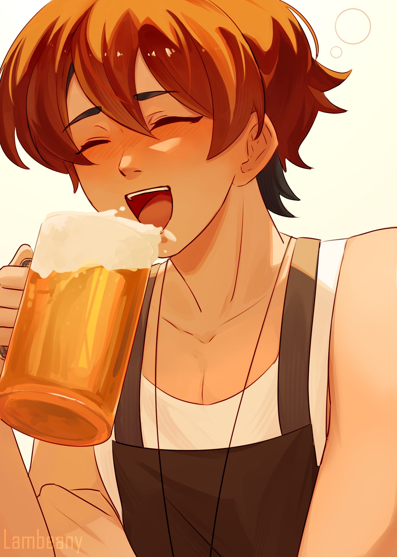 1boy, :d, alcohol, apron, beer, black_apron, blush, closed_eyes