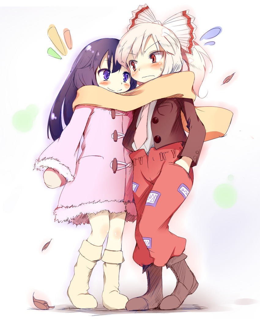 absurdres, blush, fujiwara_no_mokou, highres, houraisan_kaguya, miotama, multiple_girls, scarf
