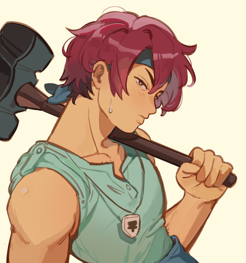 1boy, blue_headband, blue_tank_top, closed_mouth, commentary, fields_of_mistria, hammer, headband