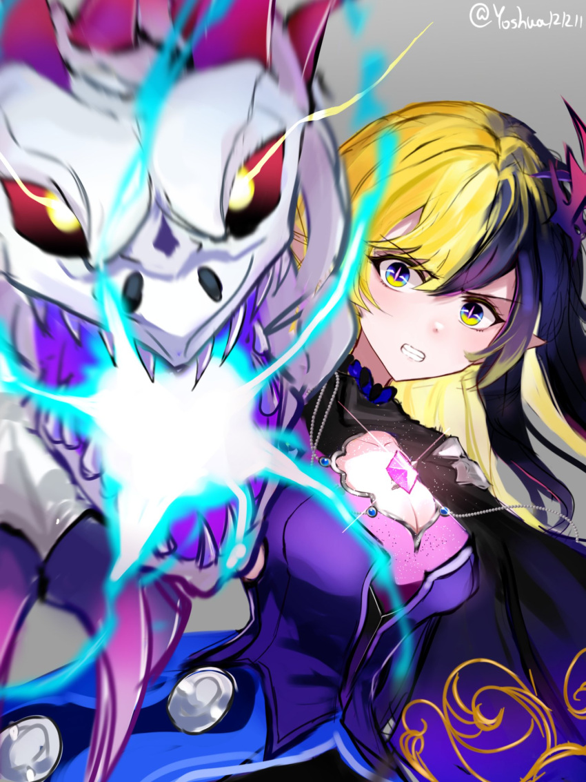 1girl, black_hair, blonde_hair, breasts, chest_jewel, clenched_teeth, deneb_(shironeko_project), dragon