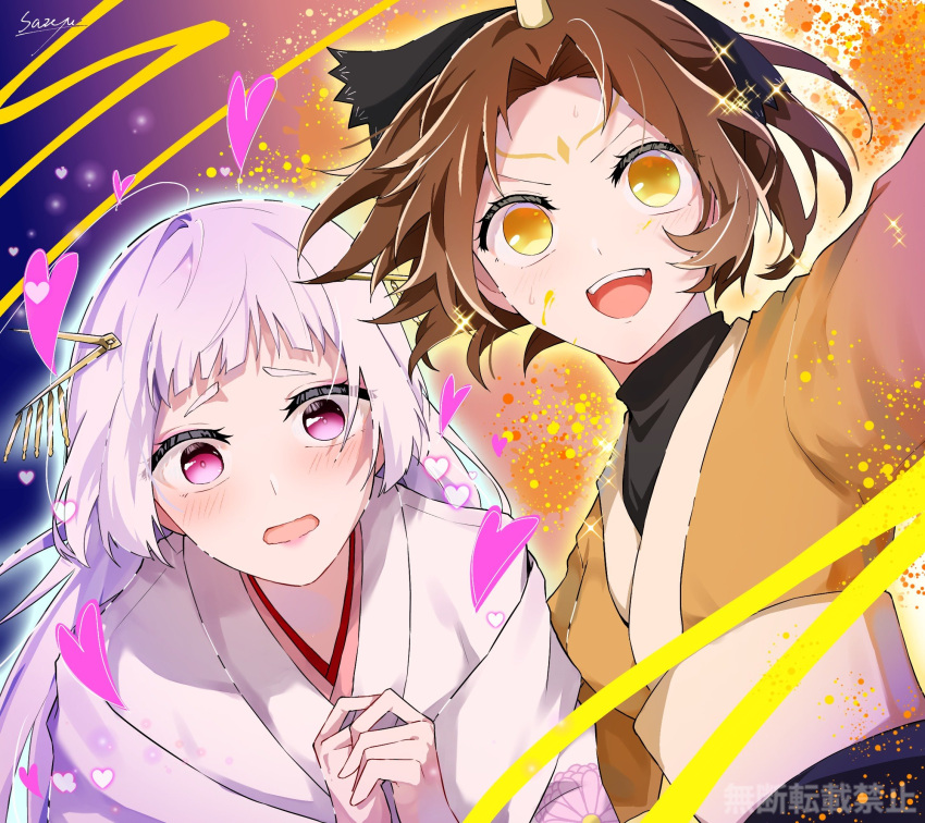 2girls, arima_kana, blush, brown_hair, demon_horns, highres, horns, japanese_clothes