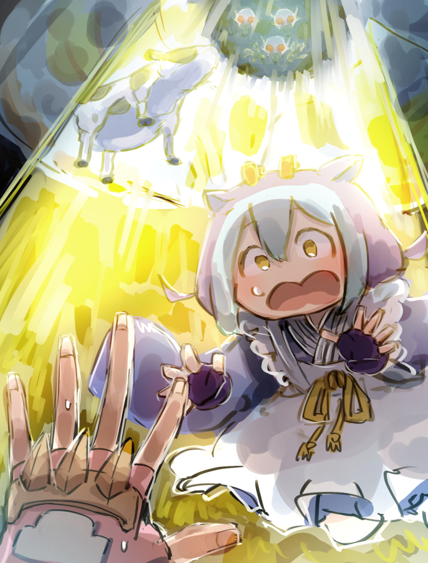 alien, alien_gray_(yu-gi-oh!), apron, blue_hair, blue_kimono, cow, dragon_girl, dragon_horns, duel_monster, floating, hatano_kiyoshi, highres, horns, japanese_clothes, kimono, laundry_dragonmaid, maid, maid_apron, parlor_dragonmaid, pov, scared, tractor_beam, ufo, wa_maid, yellow_eyes, yu-gi-oh!