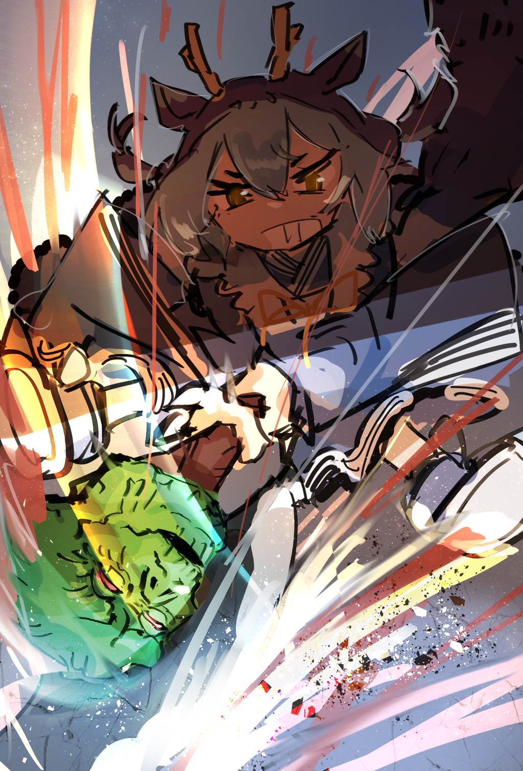 1girl, apron, axe, axe_of_despair, blue_hair, blue_kimono, clenched_teeth, dragon_girl