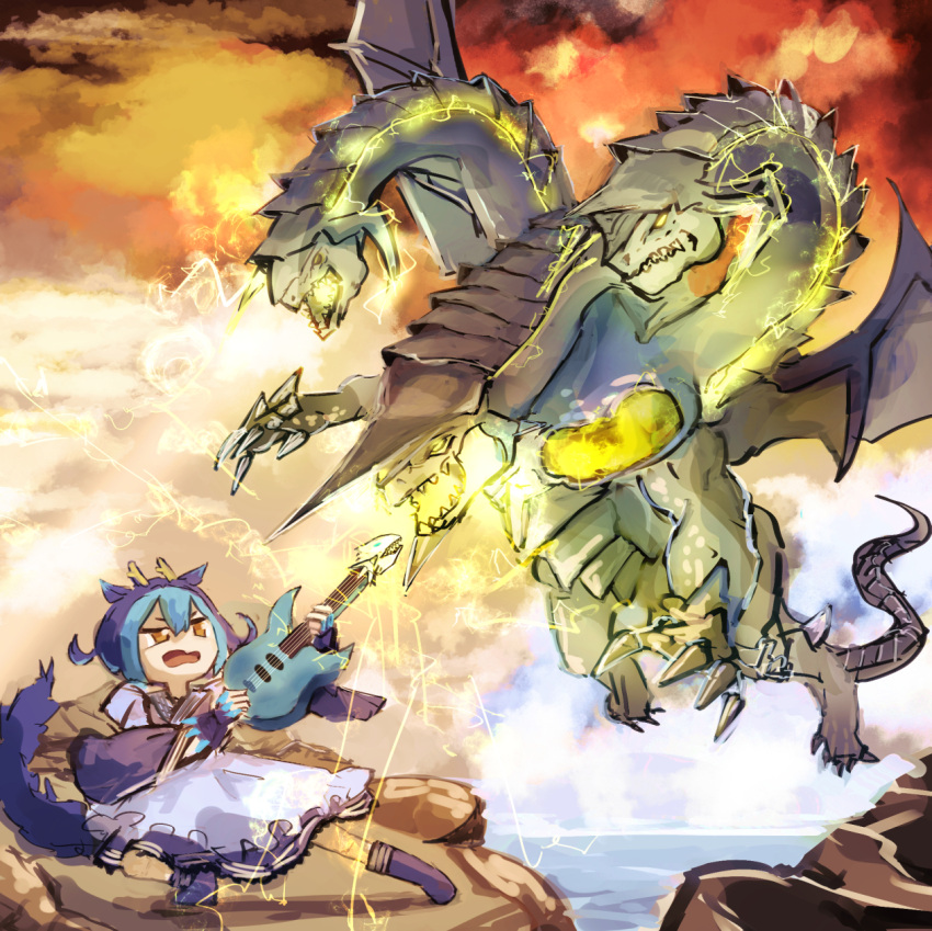 1girl, apron, blue_hair, blue_kimono, cliff, dragon, duel_monster, electric_guitar, electricity, guitar, hatano_kiyoshi, highres, instrument, japanese_clothes, kimono, laundry_dragonmaid, maid, maid_apron, multiple_heads, thunder_king_the_lightningstrike_kaiju, wa_maid, yellow_eyes, yu-gi-oh!