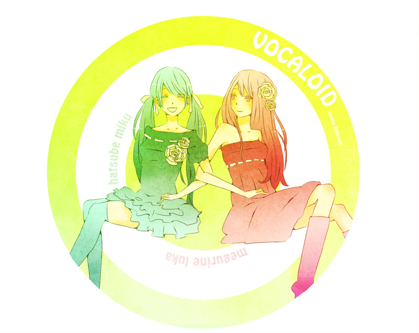 caprico, dress, flower, green_hair, hair_flower, hair_ornament, hatsune_miku, megurine_luka