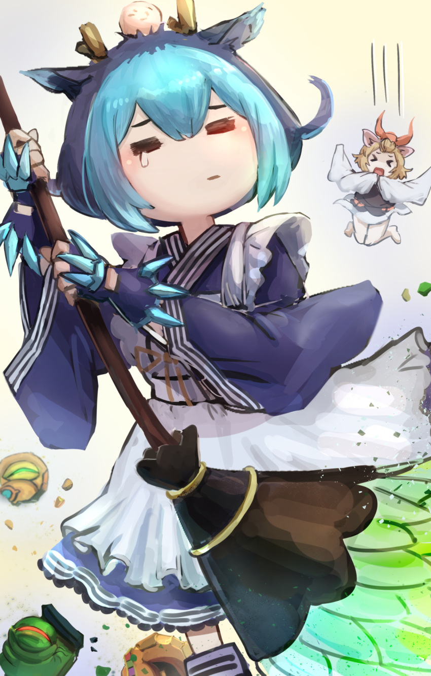 2girls, apron, ash_blossom_&amp;_joyous_spring, blue_hair, blue_kimono, broom, dragon_girl, duel_monster