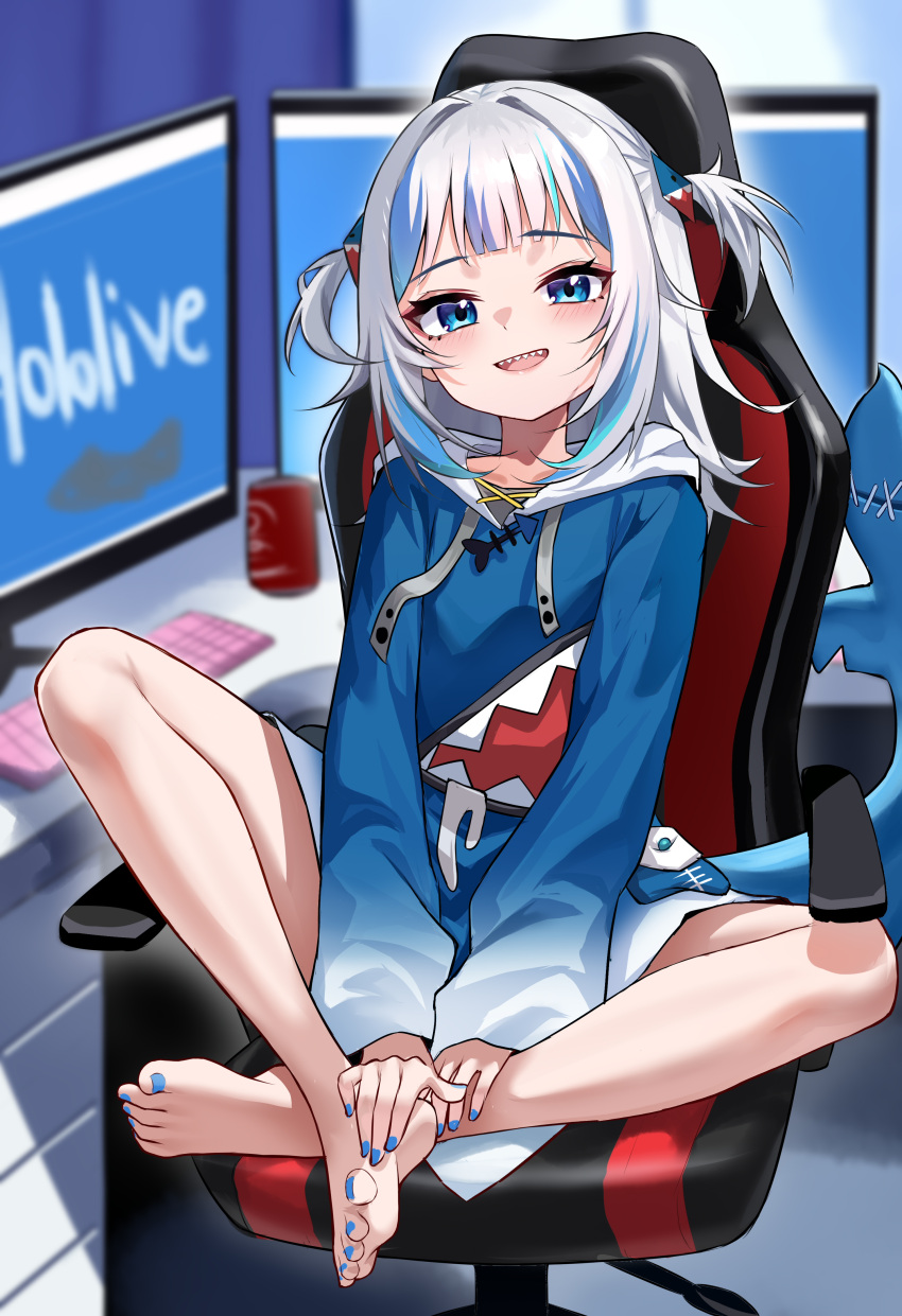 1girl, :d, absurdres, amamiyayk, animal_costume, barefoot, blue_eyes, blue_hair, blue_hoodie, blue_nails, blunt_bangs, blurry, blurry_background, blush, can, chair, commentary, copyright_name, eyelashes, feet, fins, fish_tail, full_body, gaming_chair, gawr_gura, hair_intakes, hair_ornament, happy, highres, hololive, hood, hoodie, indian_style, indoors, lips, looking_at_viewer, medium_hair, monitor, multicolored_hair, nail_polish, on_chair, open_mouth, shark_costume, shark_girl, shark_hair_ornament, shark_print, shark_tail, sharp_teeth, sitting, sleeves_past_wrists, smile, soles, solo, streaked_hair, swivel_chair, tail, teeth, toenail_polish, toenails, toes, two_side_up, upper_teeth_only, v_arms, virtual_youtuber, white_hair, wide_sleeves