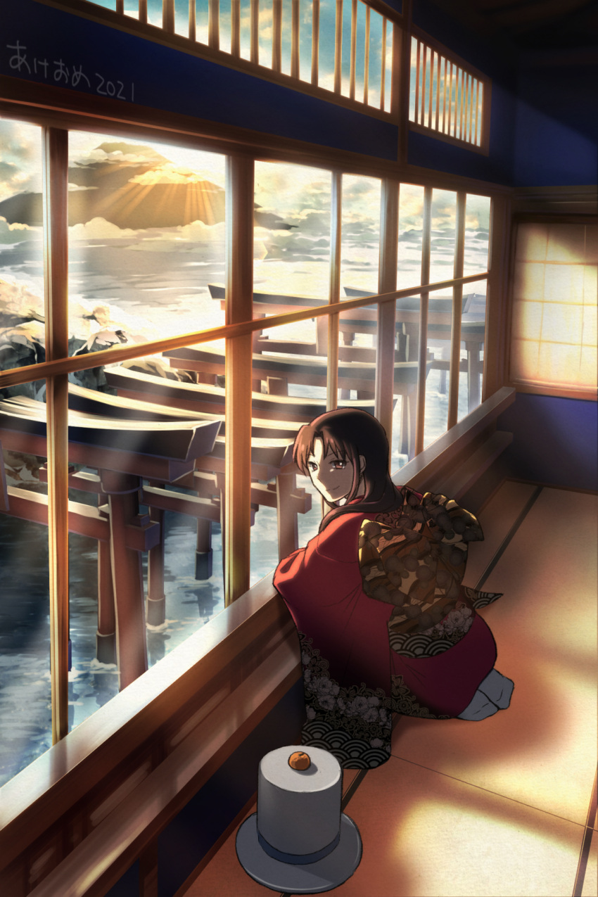 1girl, 2021, brown_hair, closed_mouth, clouds, commentary_request, food, fruit