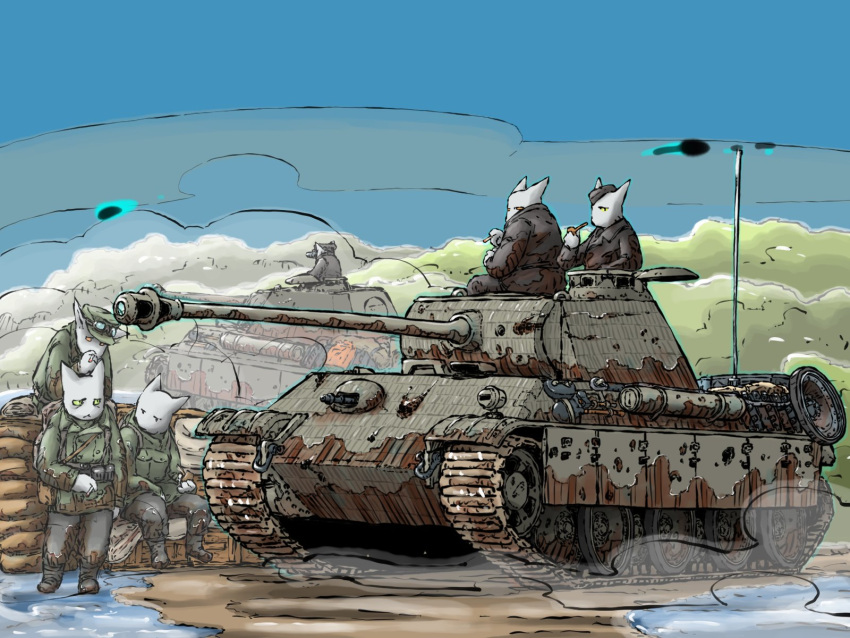 6+boys, blue_sky, cannon, day, dust, dust_cloud, furry, highres