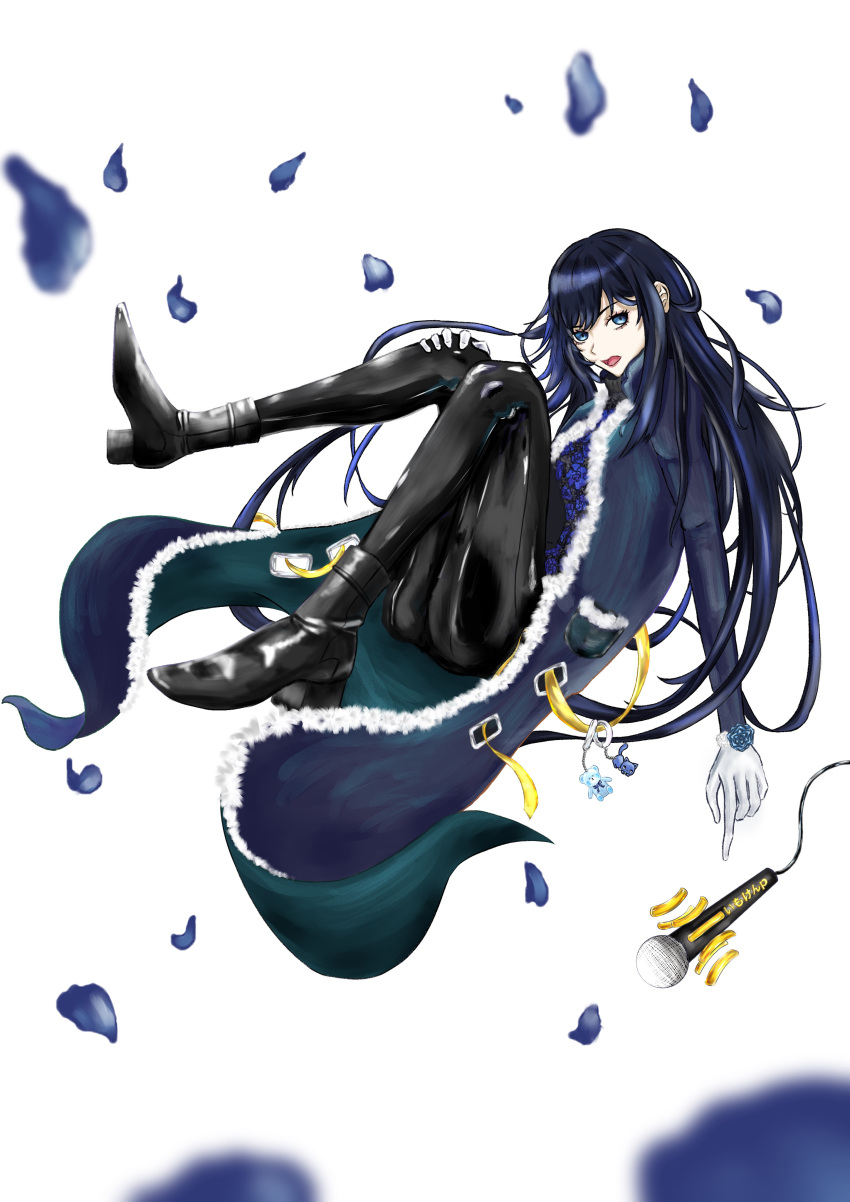 1girl, absurdres, ado_(utaite), black_footwear, black_pants, blue_cape, blue_eyes, blue_hair