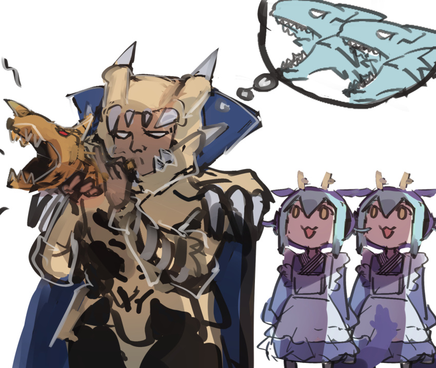 1boy, 2girls, blue-eyes_white_dragon, blue_kimono, clone, dragon_girl, dragon_horns, duel_monster