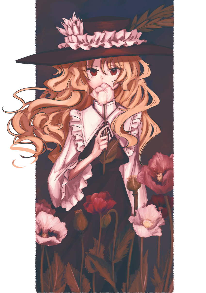 1girl, absurdres, blonde_hair, border, brown_hat, brown_vest, commentary_request, covered_mouth