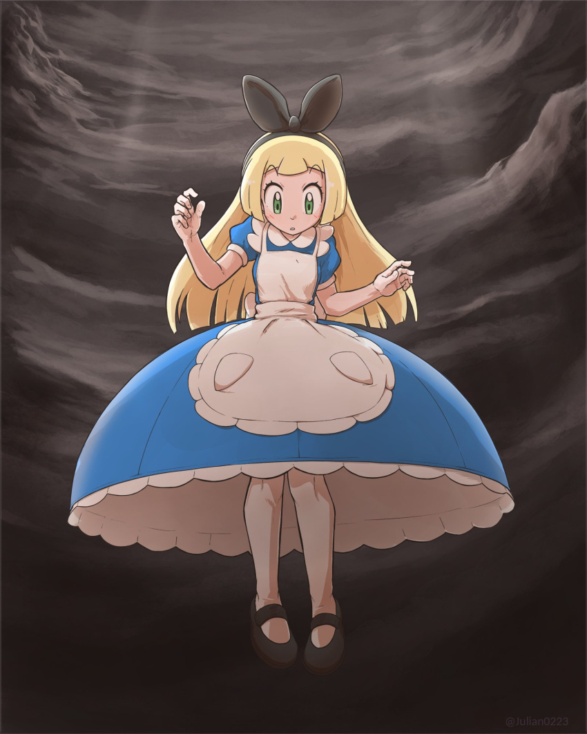 1girl, alice_(alice_in_wonderland), alice_(alice_in_wonderland)_(cosplay), alice_in_wonderland, apron, black_footwear, black_hairband, blonde_hair