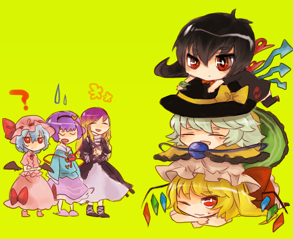 ?, asymmetrical_wings, bat_wings, black_hair, black_legwear, black_thighhighs, blonde_hair, chibi