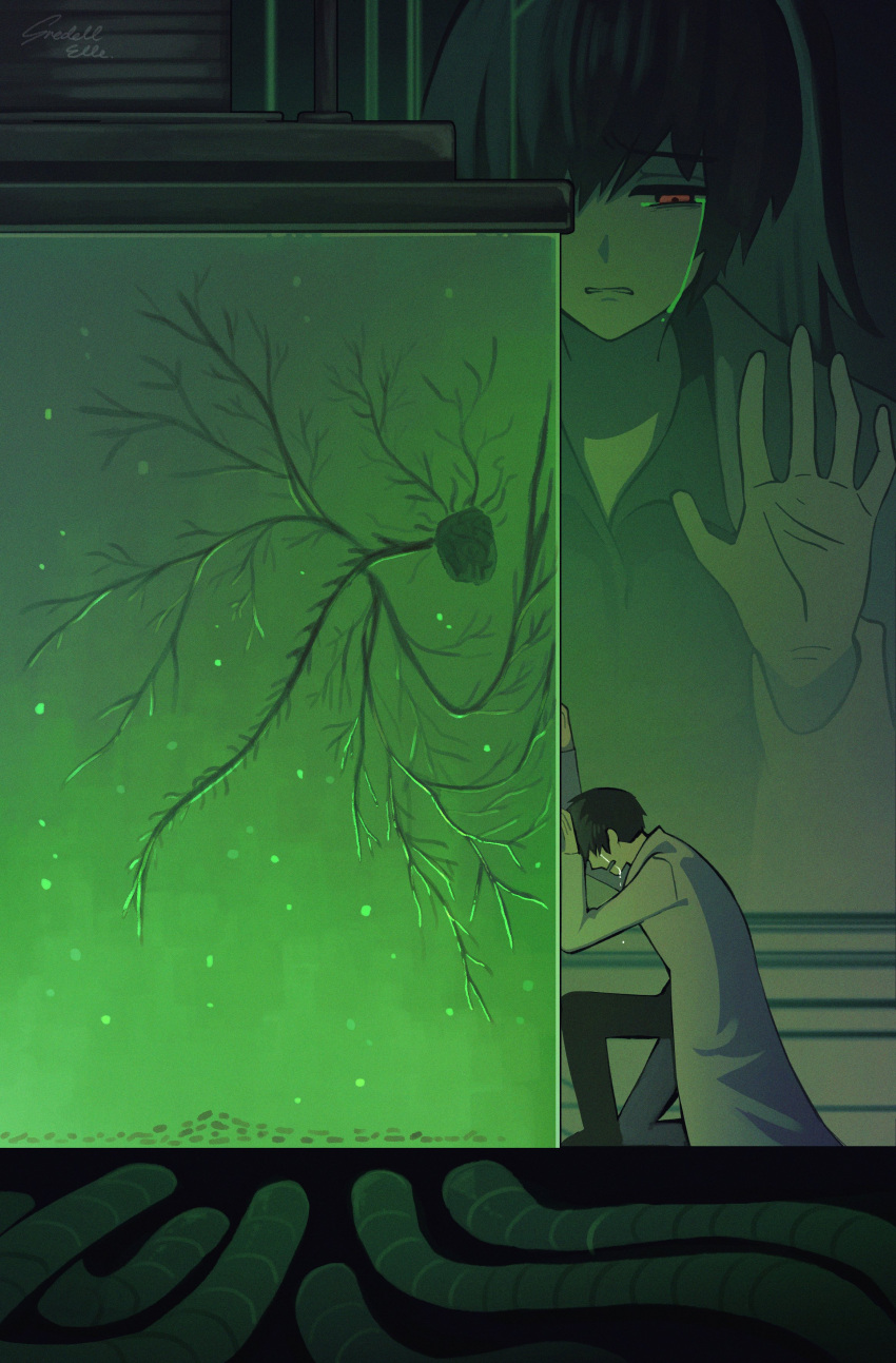 1boy, 1girl, absurdres, ayin_(project_moon), black_hair, brown_hair, carmen_(project_moon), clenched_teeth, coat, crying, gredell_elle, hand_up, high_ponytail, highres, industrial_pipe, kneeling, lab_coat, lobotomy_corporation, long_hair, long_sleeves, nervous_system, project_moon, red_eyes, spoilers, stasis_tank, teeth, white_coat