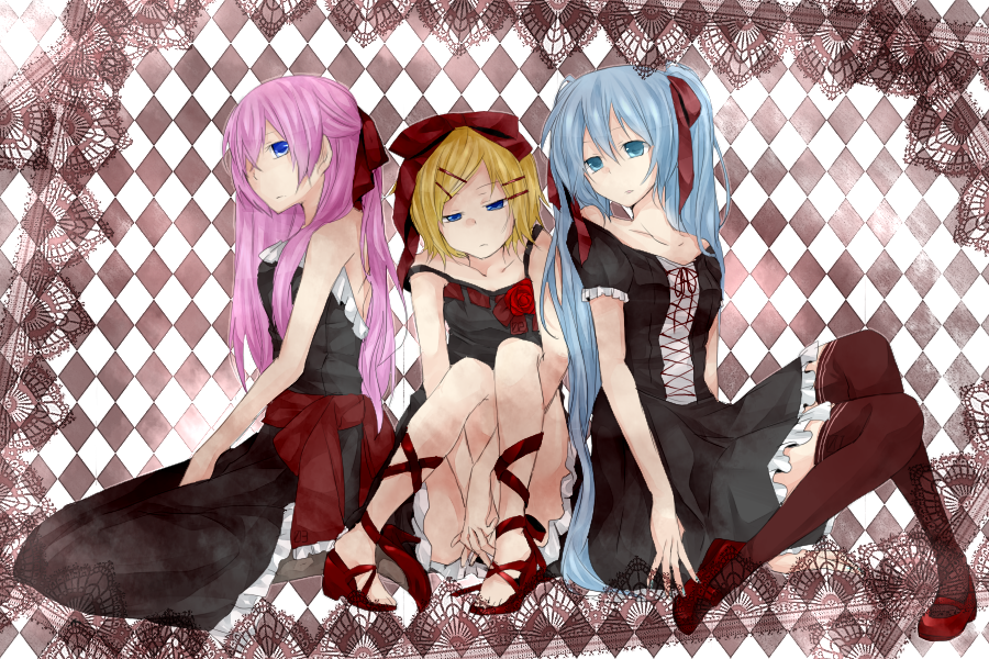 aqua_eyes, bad_id, blonde_hair, blue_eyes, blue_hair, checkered, checkered_background, dress