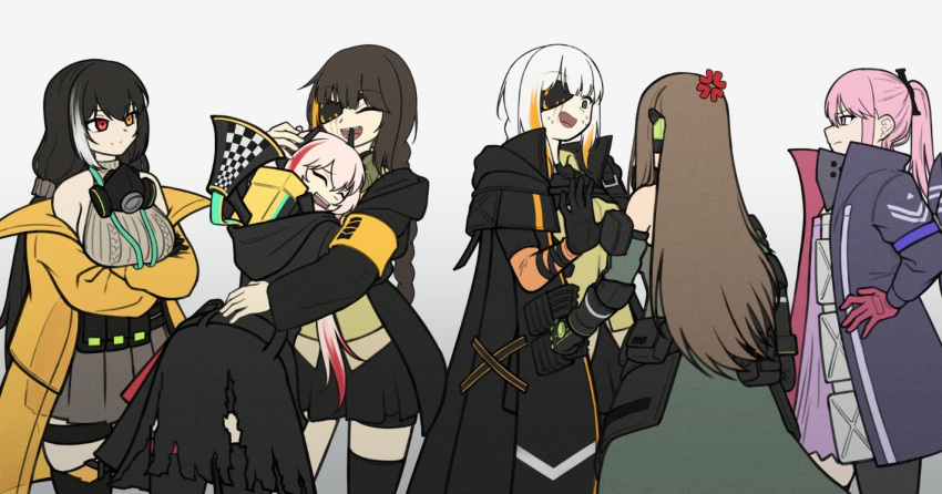 6+girls, angry, anti-rain_(girls'_frontline), armband, banana_(girls'_frontline), black_gloves, black_hair, black_jacket