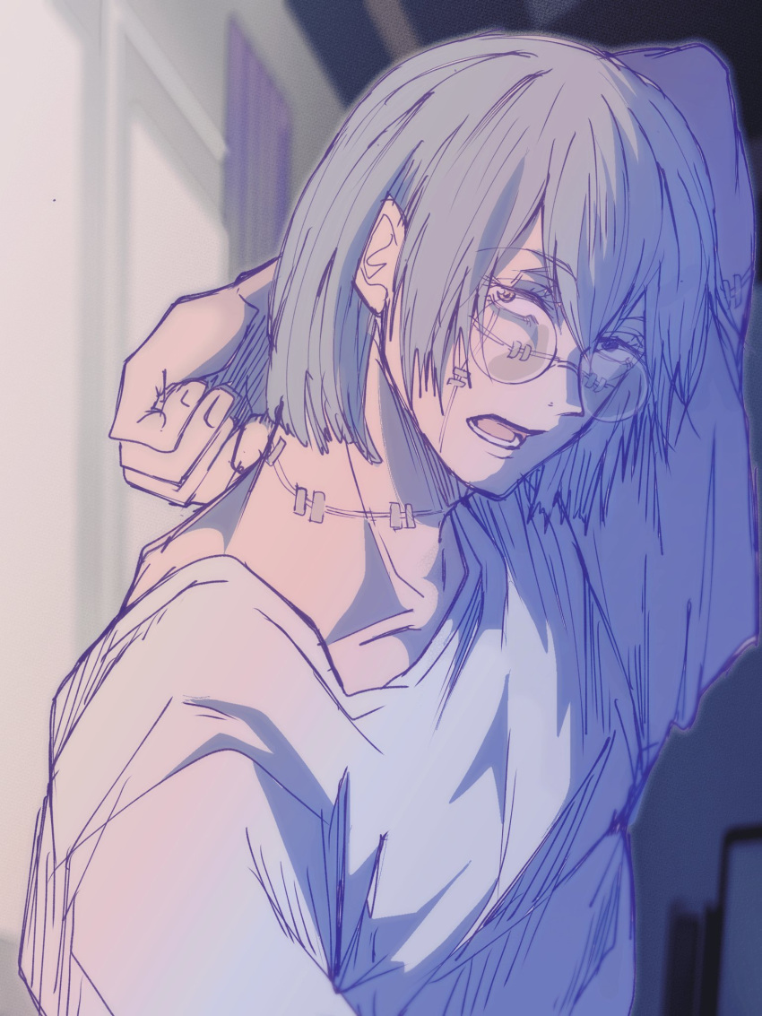 1boy, alternate_hair_length, alternate_hairstyle, arm_behind_head, bespectacled, bob_cut, collarbone, eyelashes