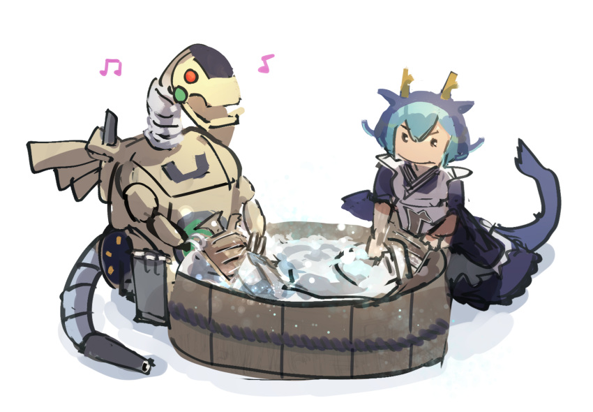 1girl, 1other, appliancer_laundry_dragon, blue_kimono, dragon_girl, dragon_horns, duel_monster, hatano_kiyoshi