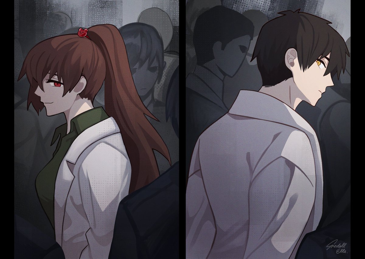 1boy, 1girl, 6+others, ayin_(project_moon), black_hair, brown_hair, carmen_(project_moon), closed_mouth