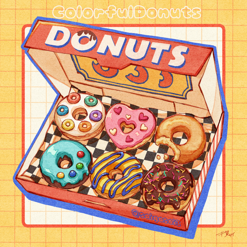 artist_name, border, box, chocolate_doughnut, commentary_request, dessert, doughnut, english_text