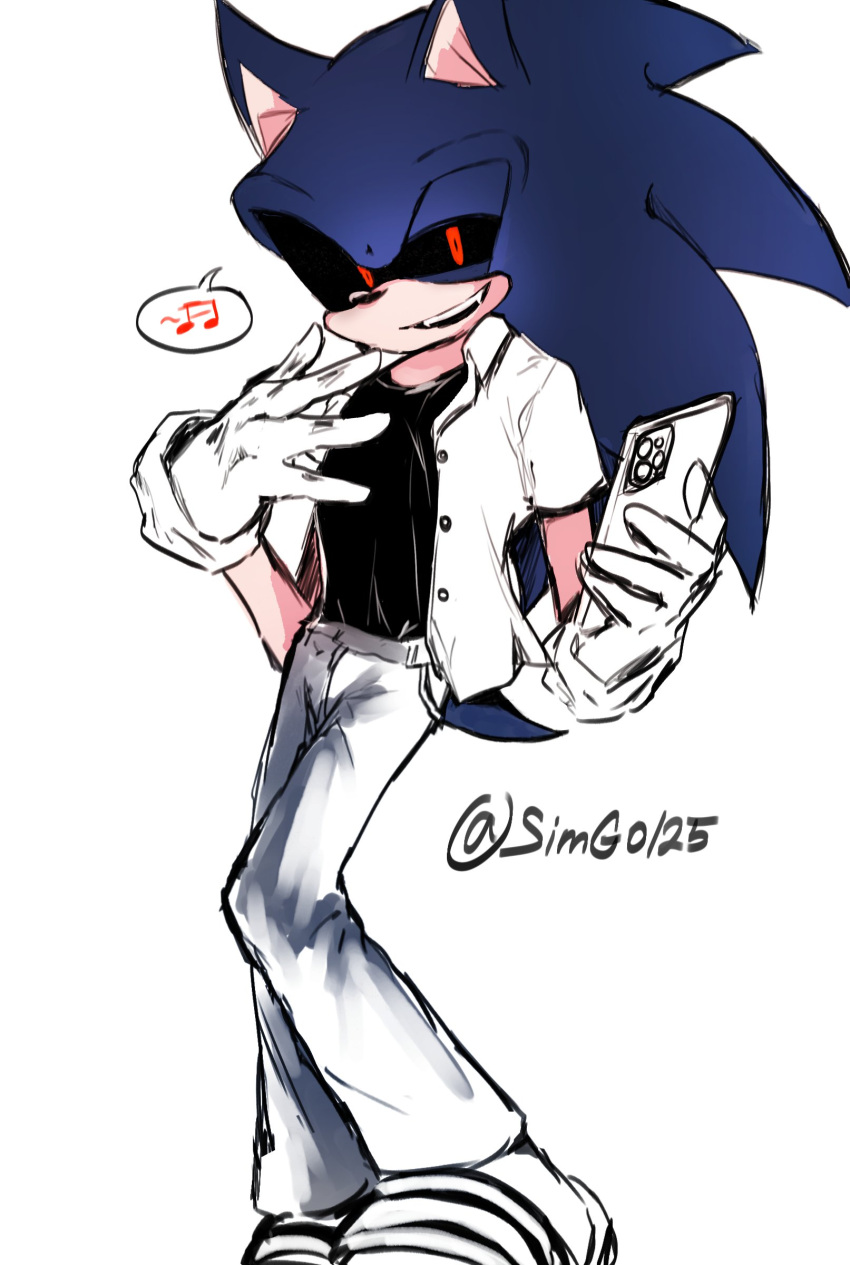 1boy, absurdres, alternate_costume, animal_ears, animal_nose, artist_name, black_sclera, black_shirt, blue_fur, blue_hair, body_fur, buttons, cellphone, collared_shirt, colored_sclera, commentary_request, creepypasta, english_commentary, fangs, furry, furry_male, gloves, half-closed_eye, hands_up, happy, highres, holding, holding_phone, iphone, korean_clothes, korean_commentary, long_hair, looking_at_viewer, male_focus, mixed-language_commentary, musical_note, open_clothes, open_mouth, open_shirt, pants, phone, pocket, red_eyes, school_uniform, shapam_(zeepgalae), shirt, shirt_tucked_in, shoes, short_sleeves, signature, sketch, smartphone, smile, solo, sonic.exe, sonic.exe_(character), sonic_(series), speech_bubble, spiky_hair, spoken_musical_note, teeth, twitter_username, undershirt, uneven_eyes, unfinished, white_footwear, white_gloves, white_pants, white_shirt