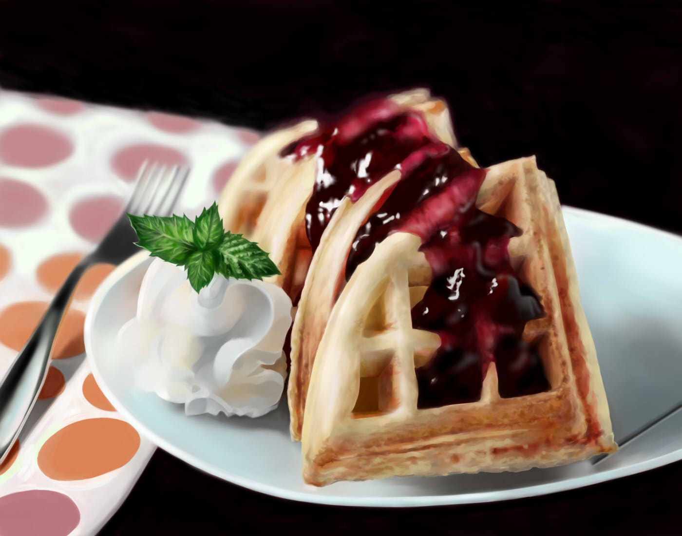 food, food_focus, fork, icing, jam, kabuki662, leaf, no_humans