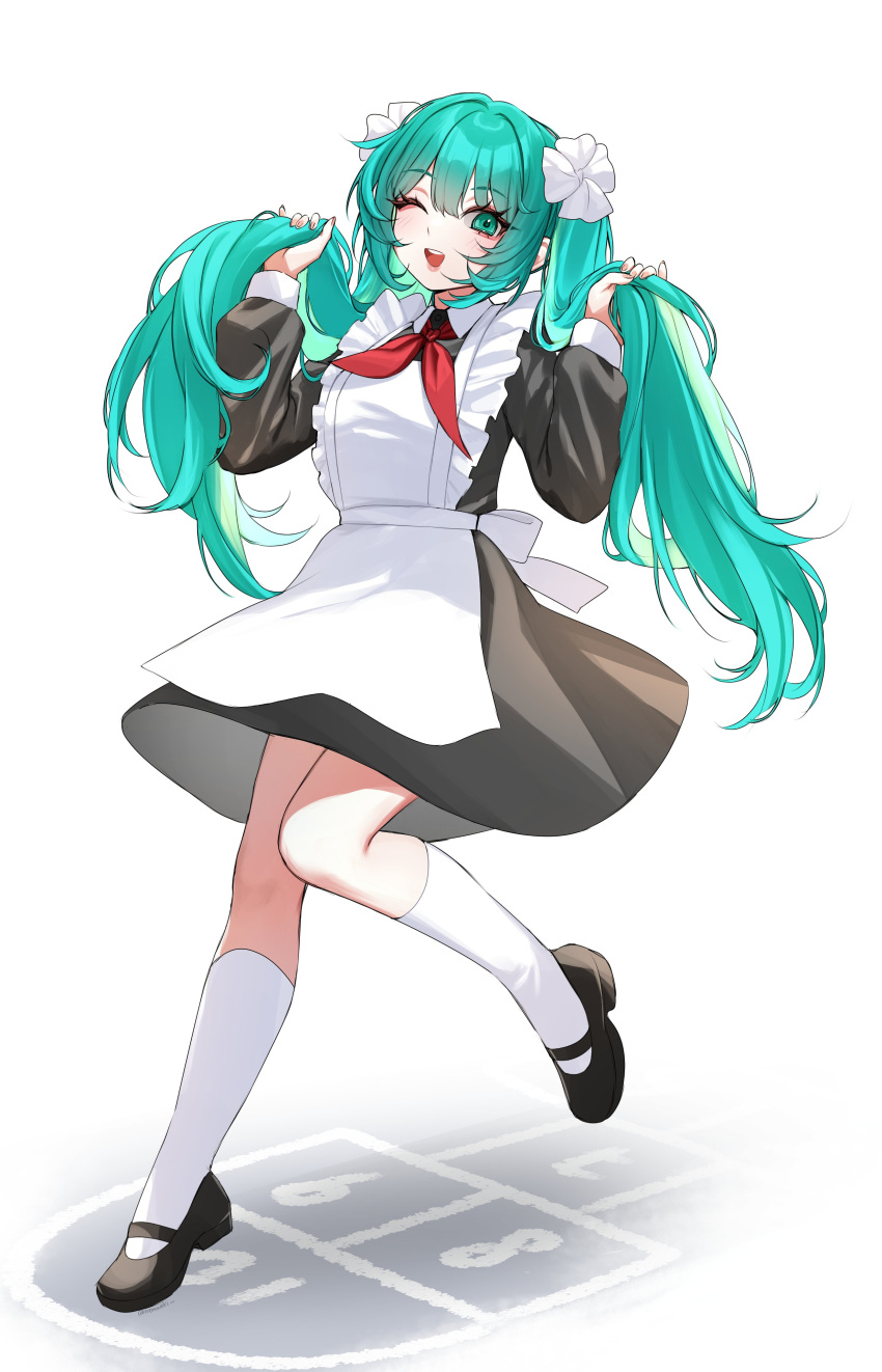 1girl, :d, absurdres, alternate_costume, apron, aqua_eyes, aqua_hair, black_dress, black_footwear, commentary, dress, english_commentary, flower, full_body, hair_flower, hair_ornament, hatsune_miku, highres, hopscotch, kneehighs, long_hair, long_sleeves, mary_janes, neckerchief, nemuaki, one_eye_closed, open_mouth, red_neckerchief, school_uniform, shoes, simple_background, smile, socks, solo, soviet_school_uniform, standing, standing_on_one_leg, teeth, twintails, upper_teeth_only, vocaloid, white_apron, white_background, white_socks