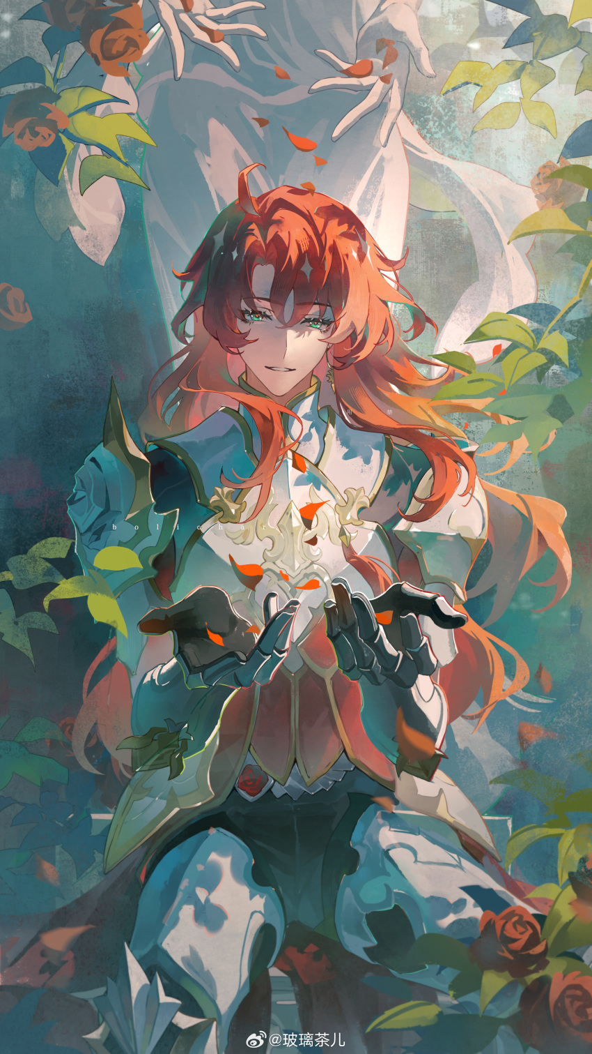 1boy, absurdres, ahoge, argenti_(honkai:_star_rail), armor, armored_gloves, black_pants, bolichar