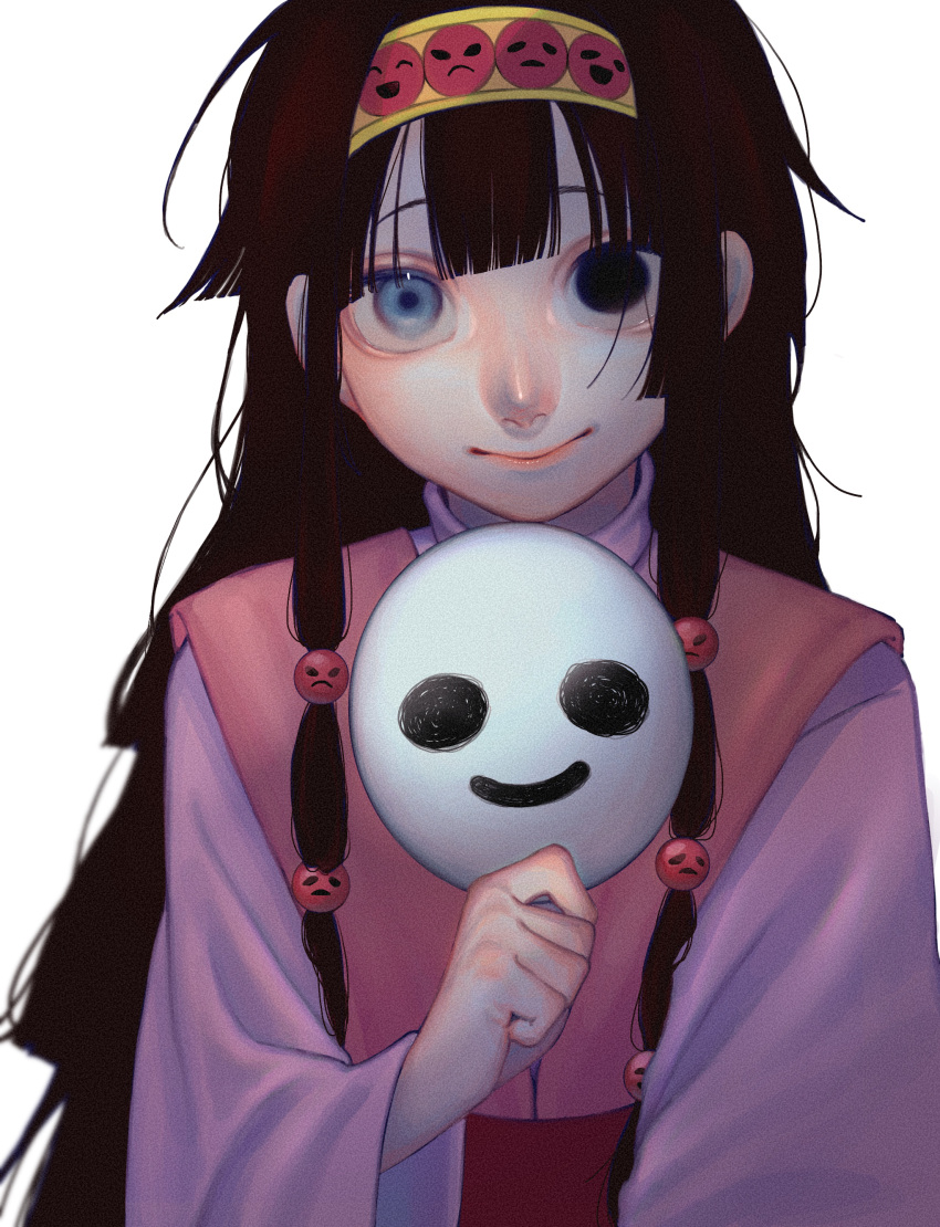 1other, absurdres, black_hair, blunt_bangs, closed_mouth, dark_persona, dress, empty_eyes, hairband, head_tilt, highres, holding, holding_mask, hunter_x_hunter, long_hair, long_sleeves, looking_at_viewer, mask, muutaro, nanika_(hunter_x_hunter), otoko_no_ko, pink_dress, simple_background, smile, solo, white_background