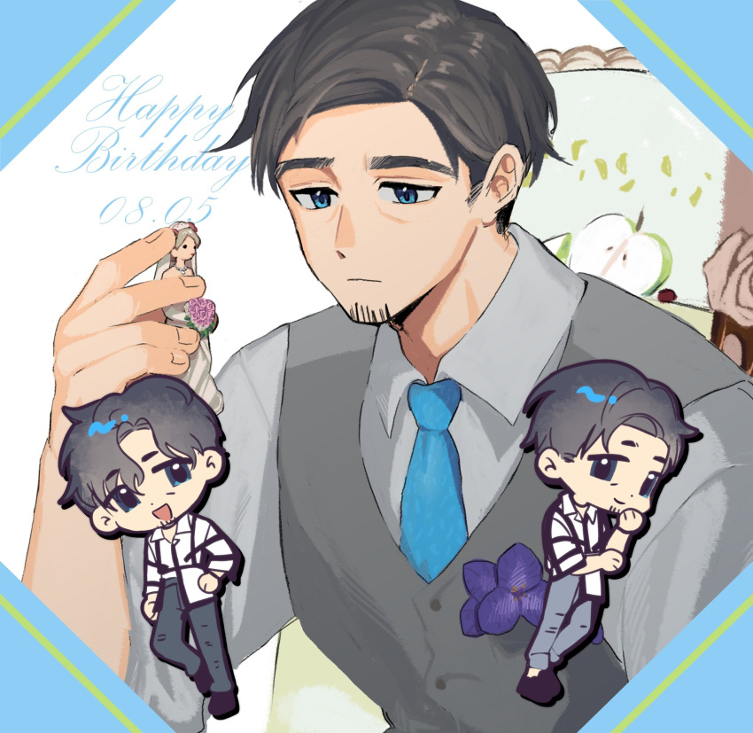 1boy, apple, black_hair, blue_background, blue_eyes, blue_necktie, boutonniere, chibi