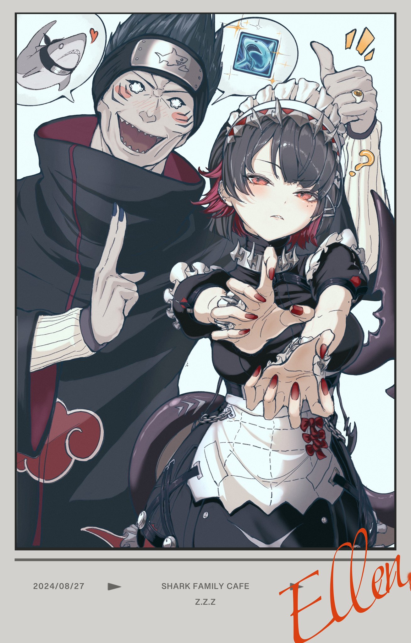 1boy, 1girl, akatsuki_uniform, arm_warmers, black_dress, black_hair, black_nails, blush_stickers, cloud_print, colored_skin, commentary_request, crossover, dated, dress, ellen_joe, fingernails, fins, fish_tail, forehead_protector, gills, grey_skin, gualaba, highres, horn_hairband, hoshigaki_kisame, jewelry, kuji-in, maid_headdress, mole, mole_under_eye, nail_polish, naruto_(series), naruto_shippuuden, open_mouth, red_eyes, red_nails, redhead, ring, shark_boy, shark_girl, shark_print, shark_tail, sharp_teeth, simple_background, smile, spoken_animal, spoken_object, tail, teeth, thumbs_up, trait_connection, white_background, white_eyes, zenless_zone_zero