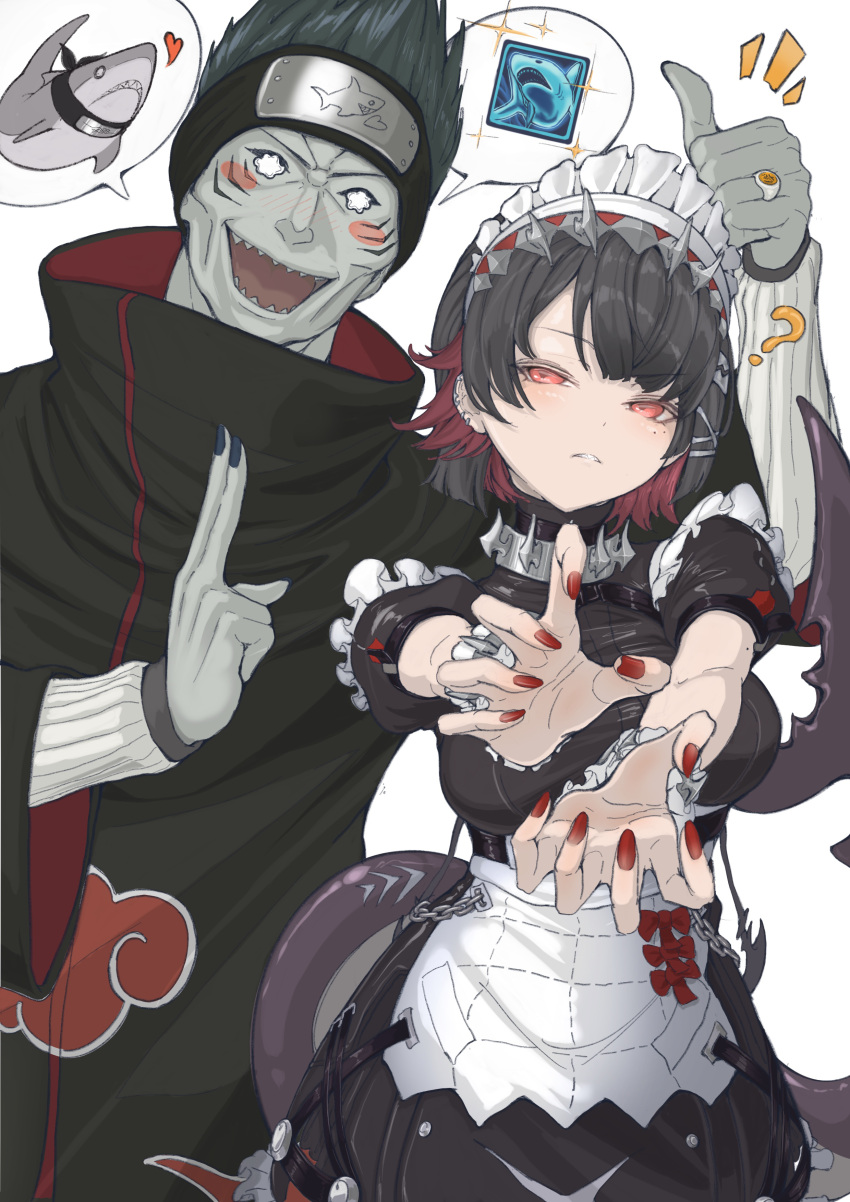 1boy, 1girl, absurdres, akatsuki_uniform, arm_warmers, black_dress, black_hair, black_nails, blush_stickers, cloud_print, colored_skin, commentary_request, crossover, dress, ellen_joe, fingernails, fins, fish_tail, forehead_protector, gills, grey_skin, gualaba, highres, horn_hairband, hoshigaki_kisame, jewelry, kuji-in, maid_headdress, mole, mole_under_eye, nail_polish, naruto_(series), naruto_shippuuden, open_mouth, red_eyes, red_nails, redhead, ring, shark_boy, shark_girl, shark_print, shark_tail, sharp_teeth, simple_background, smile, spoken_animal, spoken_object, tail, teeth, thumbs_up, trait_connection, white_background, white_eyes, zenless_zone_zero
