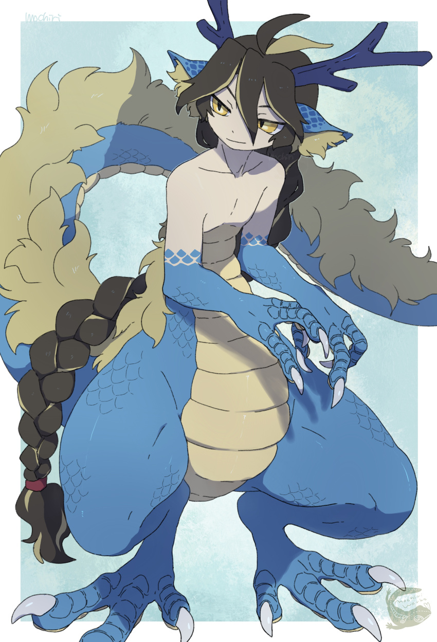 1boy, absurdres, animal_ear_fluff, animal_feet, animal_hands, blonde_hair, blue_background, borrowed_character