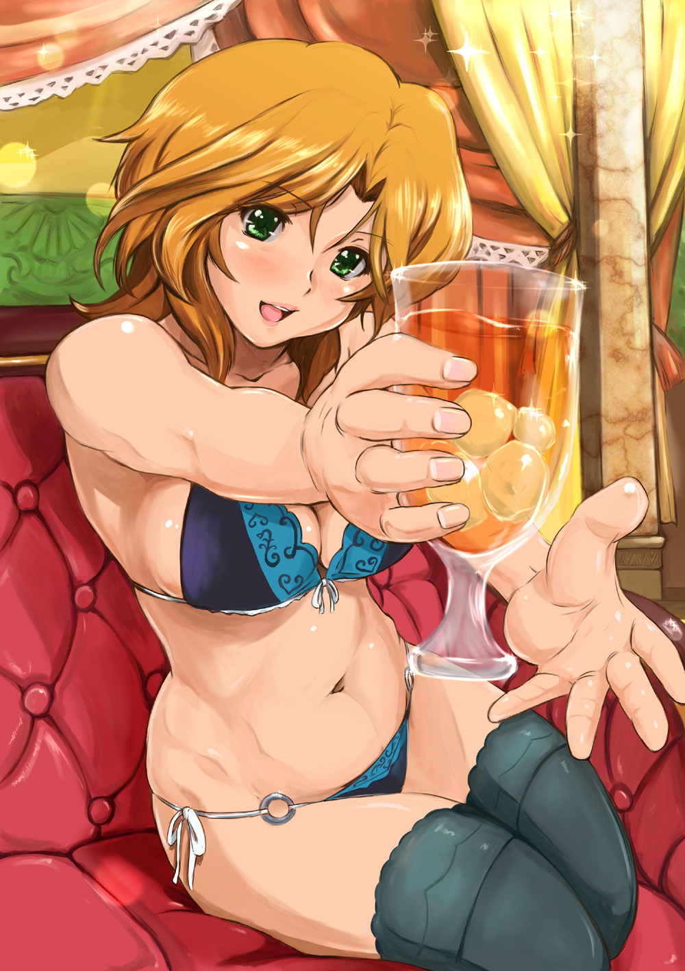bikini, blush, breasts, brown_hair, cleavage, couch, cup, dream_c_club